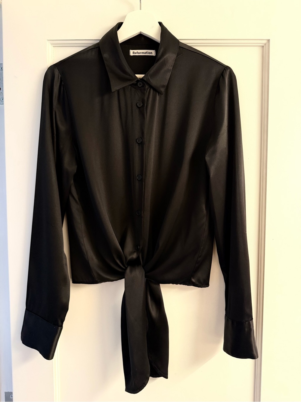 Reformation Black Satin Tie-Front Button-Down Shirt